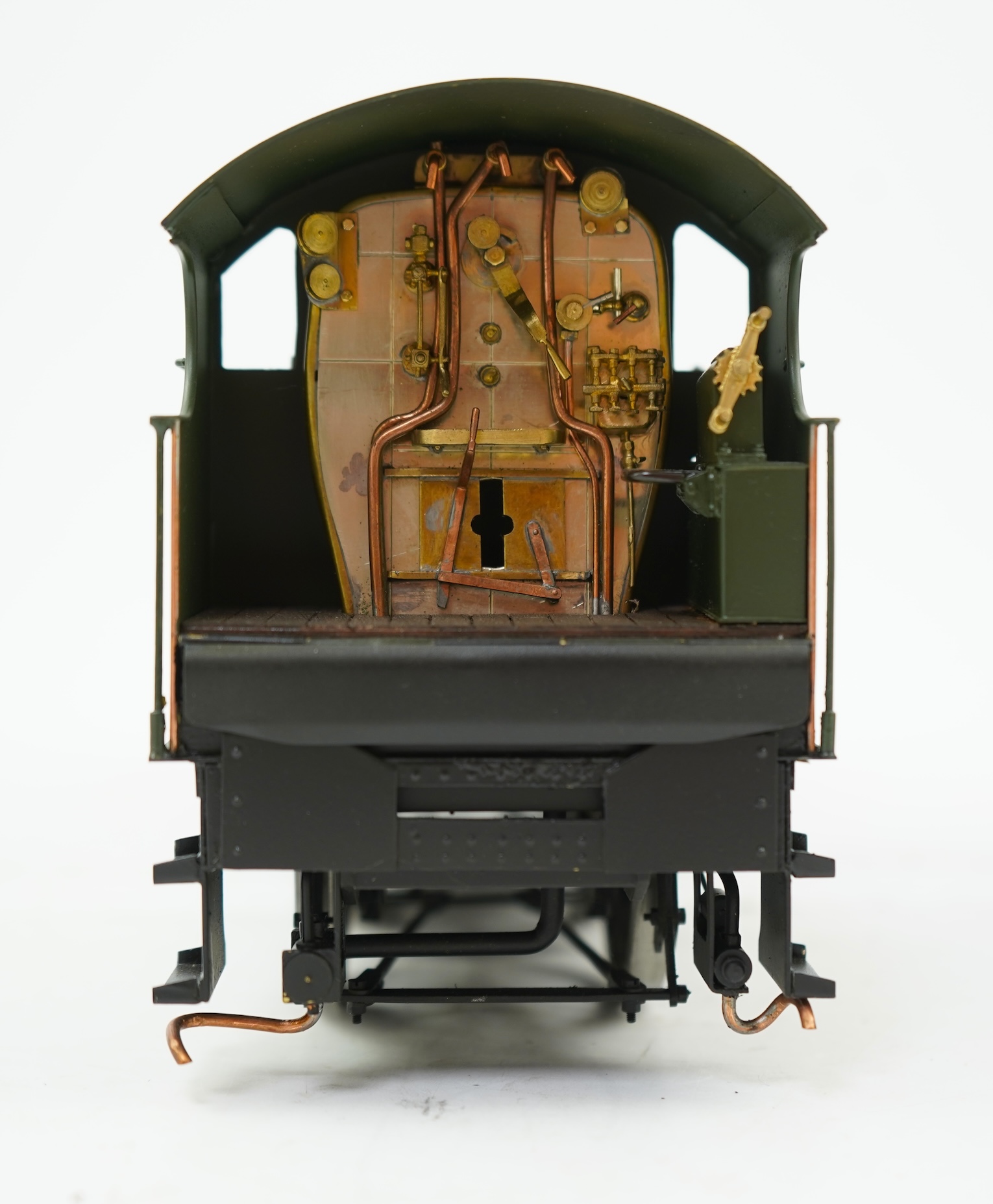 A Gauge One model of GWR Saint Class Fawley Court 2942, 4-6-0 tender locomotive, the model is unpowered, possibly to allow for the detailing between the frames.